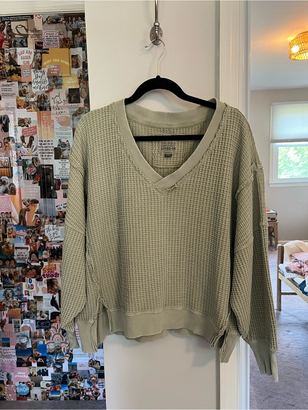 American Eagle Outfitters Sage Green Waffle V-Neck Sweater